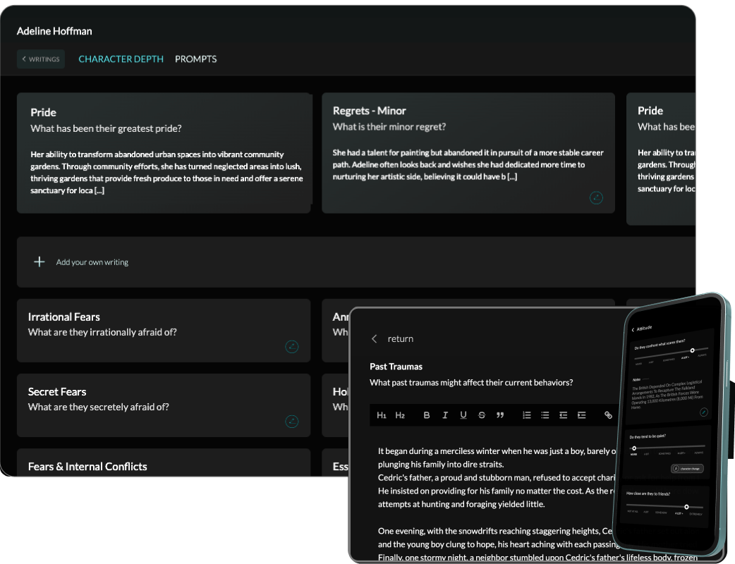 Mobile view of character development feature