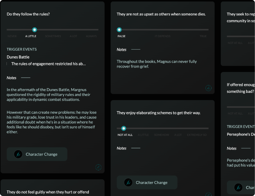 Mobile view of character relationships feature