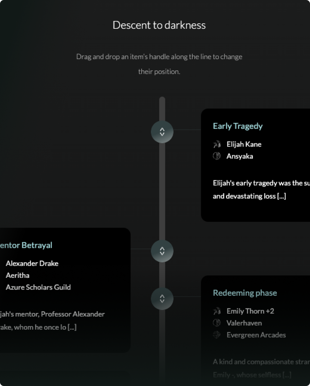 Mobile view of timeline feature showing various events and connections