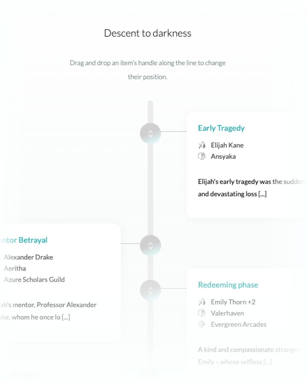 Mobile view of timeline feature showing various events and connections